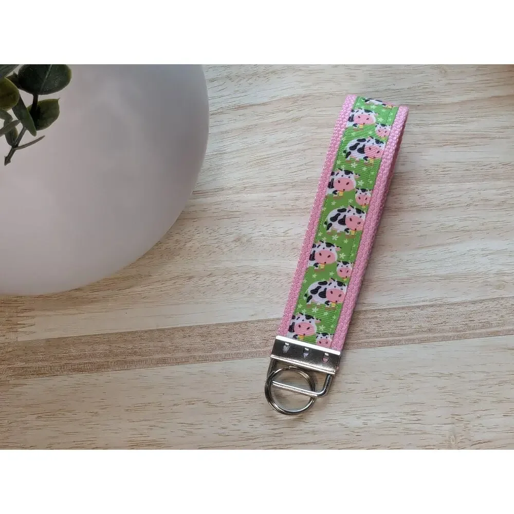 Cow Keychain Wristlet Fabric Key FOB Cotton Webbing Farm Animal Farmhouse‎ Gift